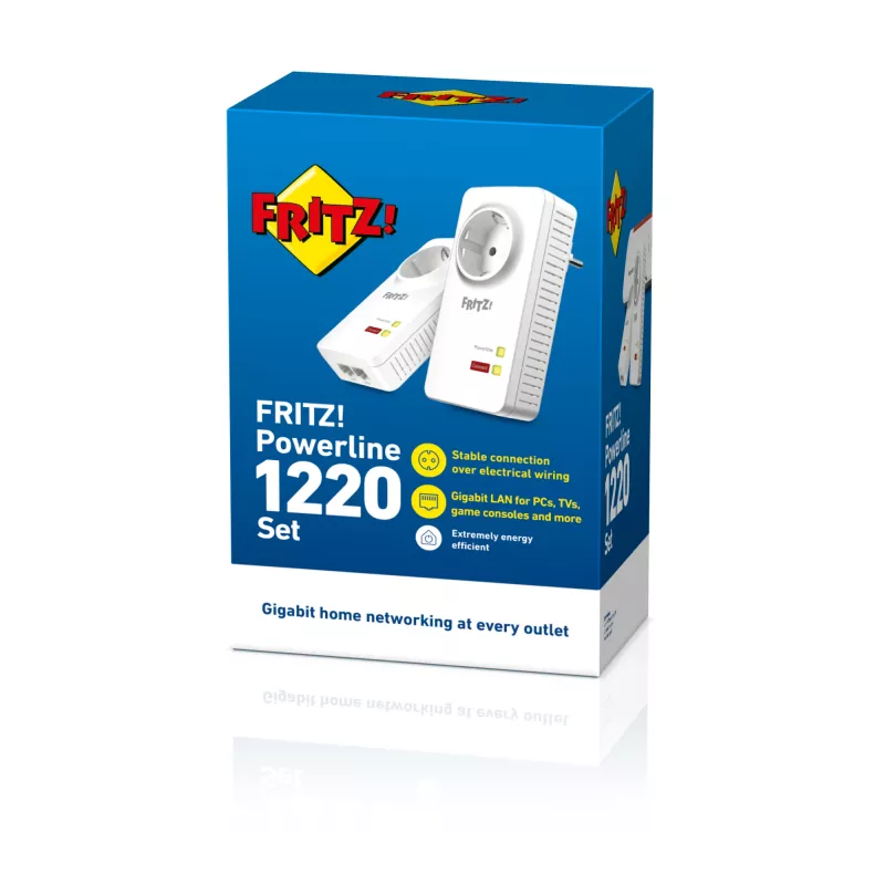 FRITZ!Powerline 1220E komplekts (2 gab.) – 1200 Mbit/s tīkla paplašinātājs caur elektrības vadiem
