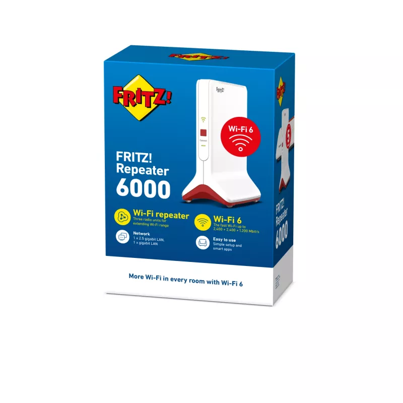 Bezvadu diapazona paplašinātājs AVM FRITZ!Repeater 6000 Edition International — trīsjoslu 6000 Mbps, 2x LAN, balts