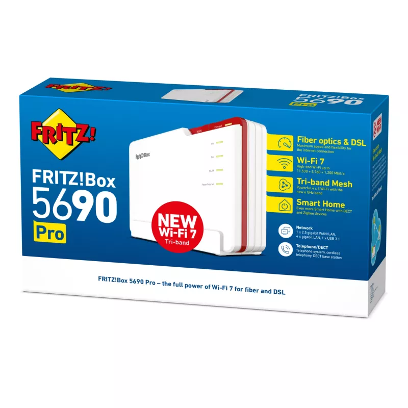 Maršrutētājs FRITZ! 5690 Pro International bezvadu, 2.5 Gigabit Ethernet, trīsjoslu (2.4 GHz / 5 GHz / 6 GHz), balts