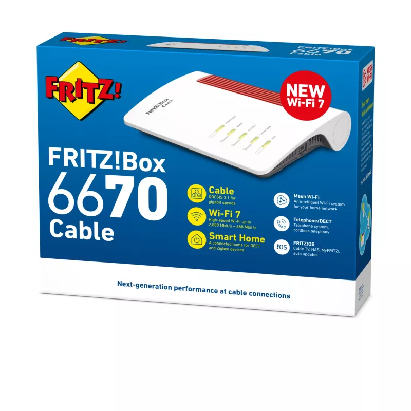 Bezvadu maršrutētājs FRITZ!Box 6670 Cable Edition International, Wi-Fi 7, 2.5 Gigabit Ethernet, divjoslu (2.4 GHz / 5 GHz), sarkans/balts