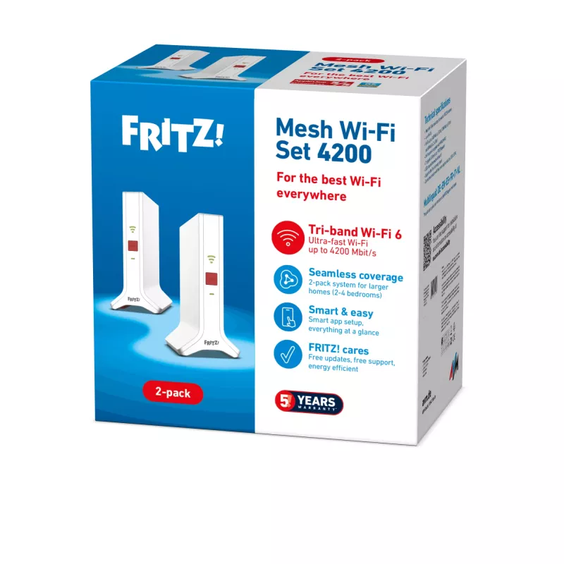 Mesh komplekts FRITZ 4200 2-pack Edition International, divjoslu (2.4 GHz / 5 GHz) Wi-Fi 6 (802.11ax), sarkans, balts, 2x2/4x4