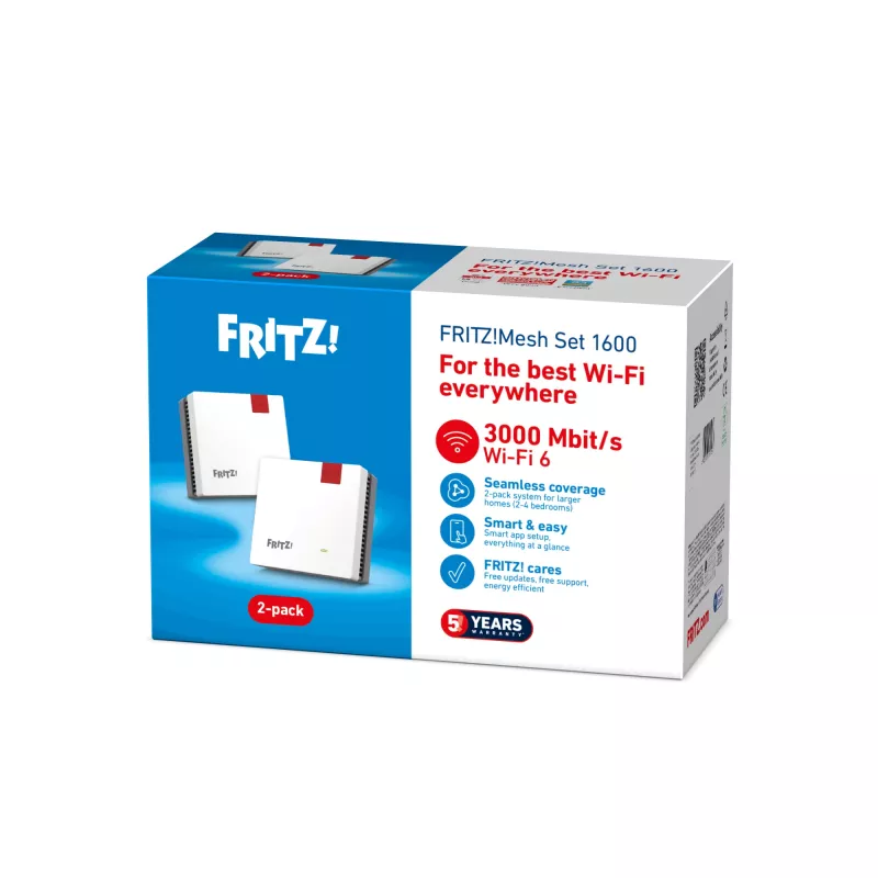 FRITZMESH SET 1600 2-PACK EDITION INTERNATIONAL – Tīkla komplekts, Wi-Fi 6, 2.4/5 GHz, sarkans/balts