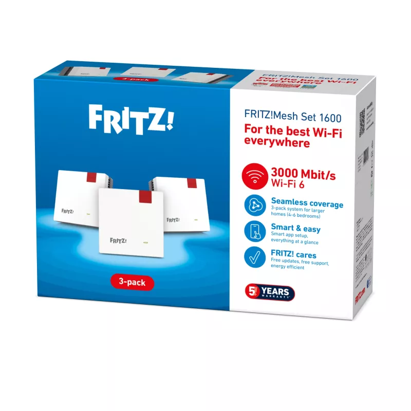 FRITZMESH SET 1600 3-PACK EDITION INTERNATIONAL tīkla komplekts, Wi-Fi 6, sarkans/balts