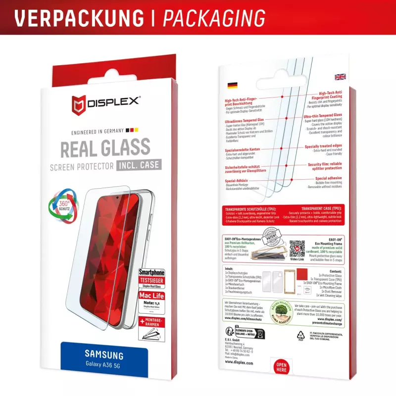 Rūdīta stikla aizsargplēve + maciņš Samsung Galaxy A36, e.v.i., Eco montāžas rāmis, Izturīga pret skrāpējumiem, Caurspīdīga