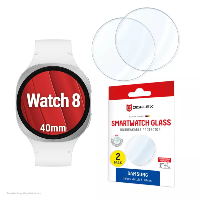 Aizsargstikls e.v.i. Displex 9H Glass Galaxy Watch 8 40mm, 2 iepakojumā, īpaši plāns, bezmalu, pretpirkstu nospiedumiem