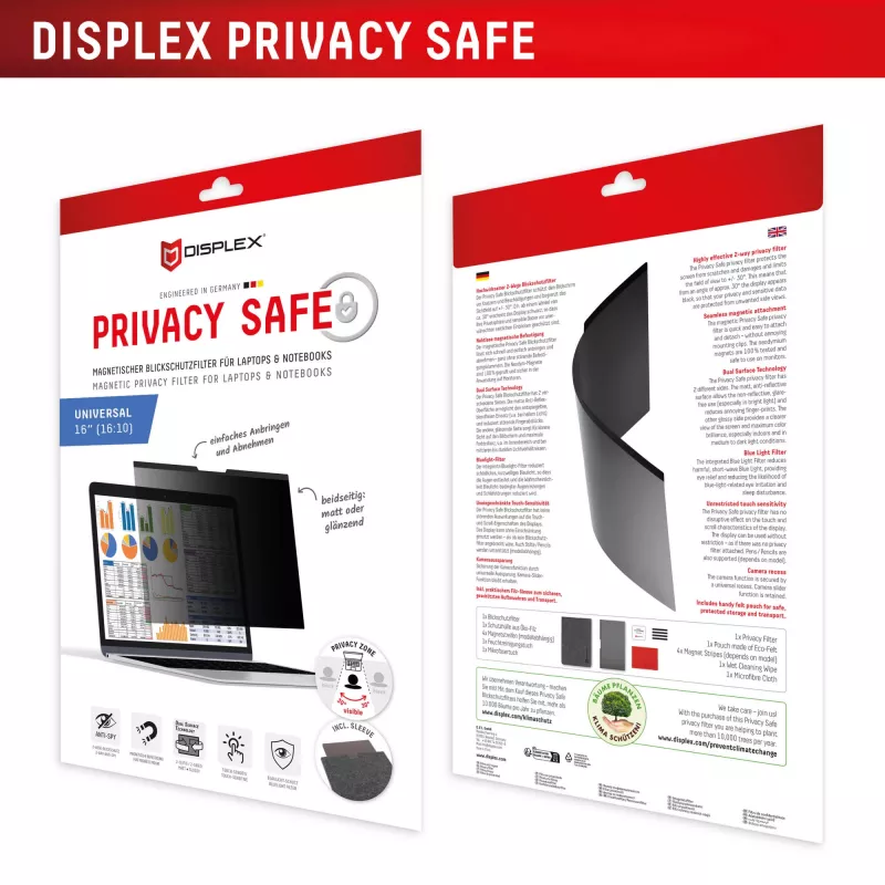 Privātuma filtrs e.v.i. Displex PRIVACY SAFE magnētiskais 2-virzienu 16 collu (16:10) klēpjdatoram, bezrāmja, matēts/spīdīgs, 3H