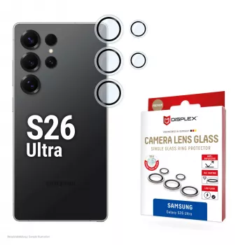 Kameras lēcas stikla aizsargs e.v.i. S26 Ultra Glas (Galaxy S26 Ultra), rūdīts ogleklis, 10H, DLC, Quick Mount, viens gredzens, caurspīdīgs