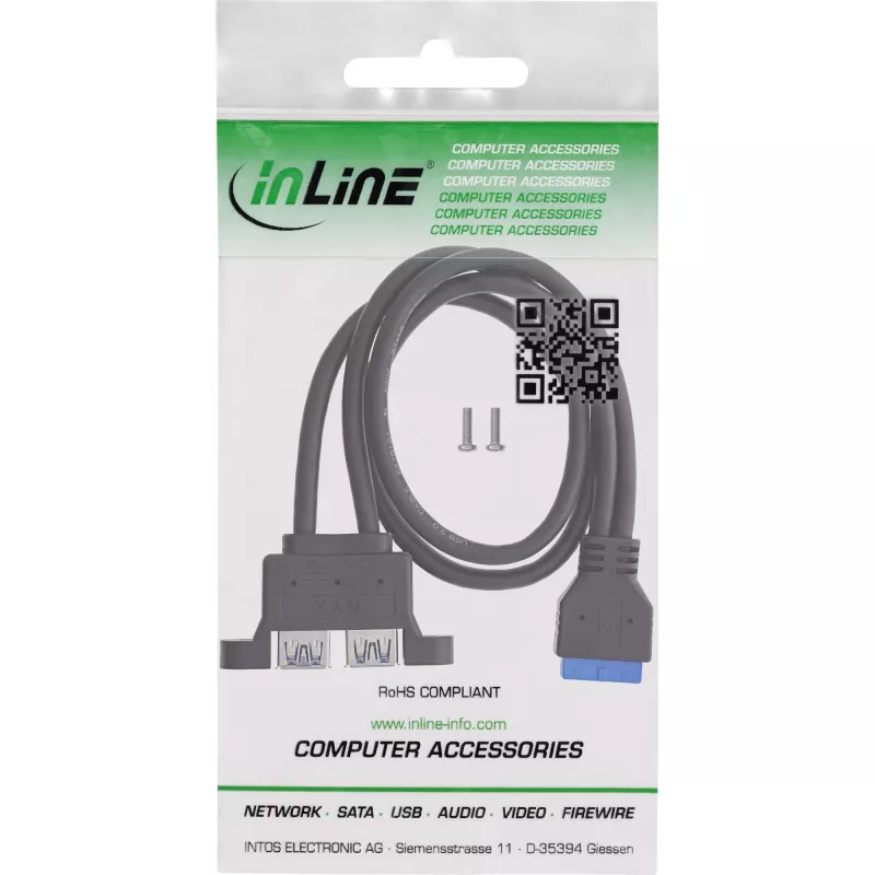 InLine 33390K iekšējais USB 3.2 Gen 1 kabelis, mātesplate uz 2x USB-A sieviete, 0.45m
