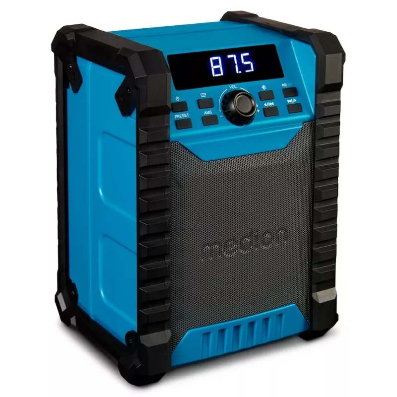 Pārnēsājamais digitālais radio MEDION LIFE E65895 (MD 43895) — PLL uztvērējs, 10 W RMS, LCD, Bluetooth 10 m, IP54, ārējā antena, melns/zils