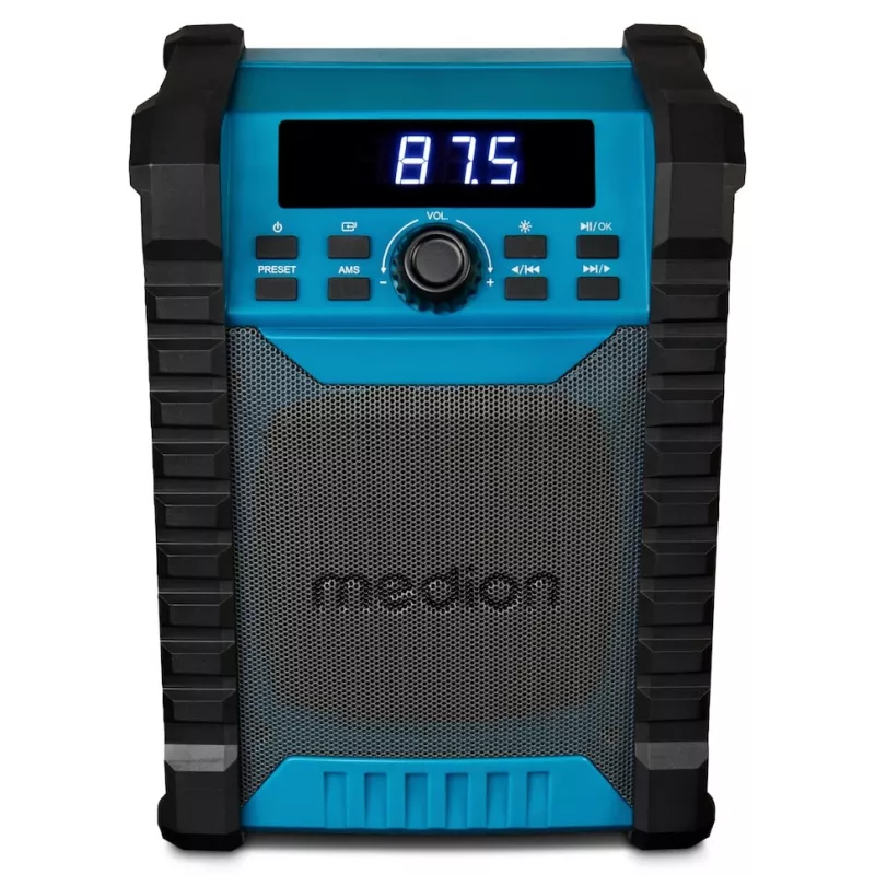 Pārnēsājamais digitālais radio MEDION LIFE E65895 (MD 43895) — PLL uztvērējs, 10 W RMS, LCD, Bluetooth 10 m, IP54, ārējā antena, melns/zils