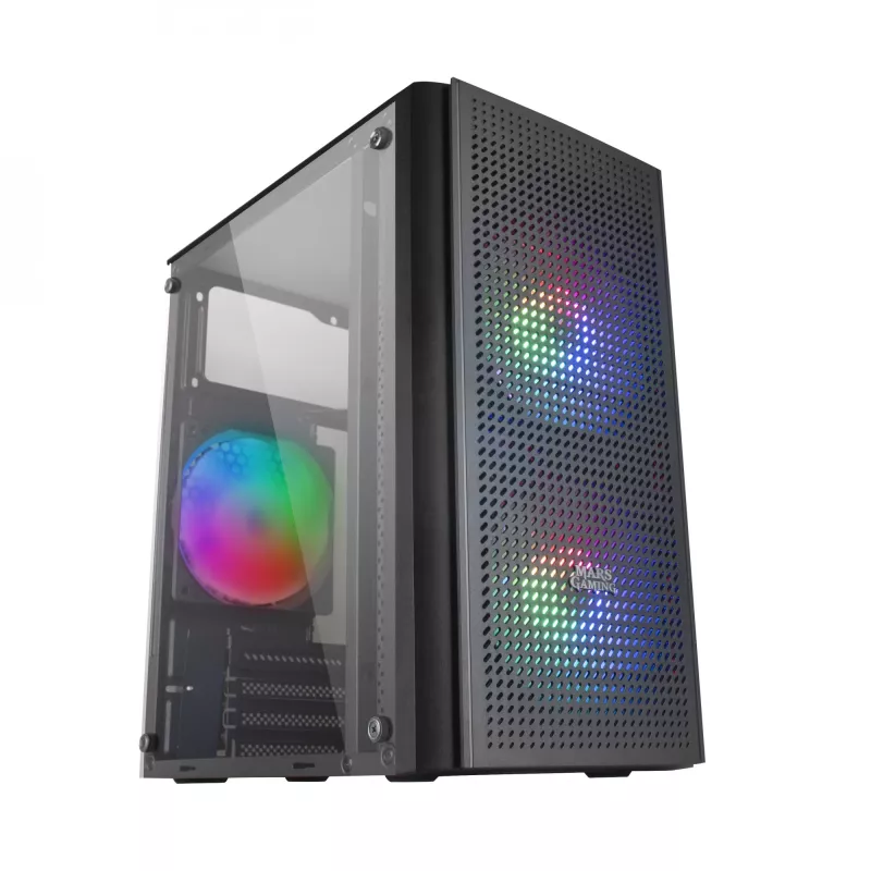 Mars Gaming MC300 Micro ATX korpuss ar rūdītu stiklu un 3x FRGB ventilatoriem, melns