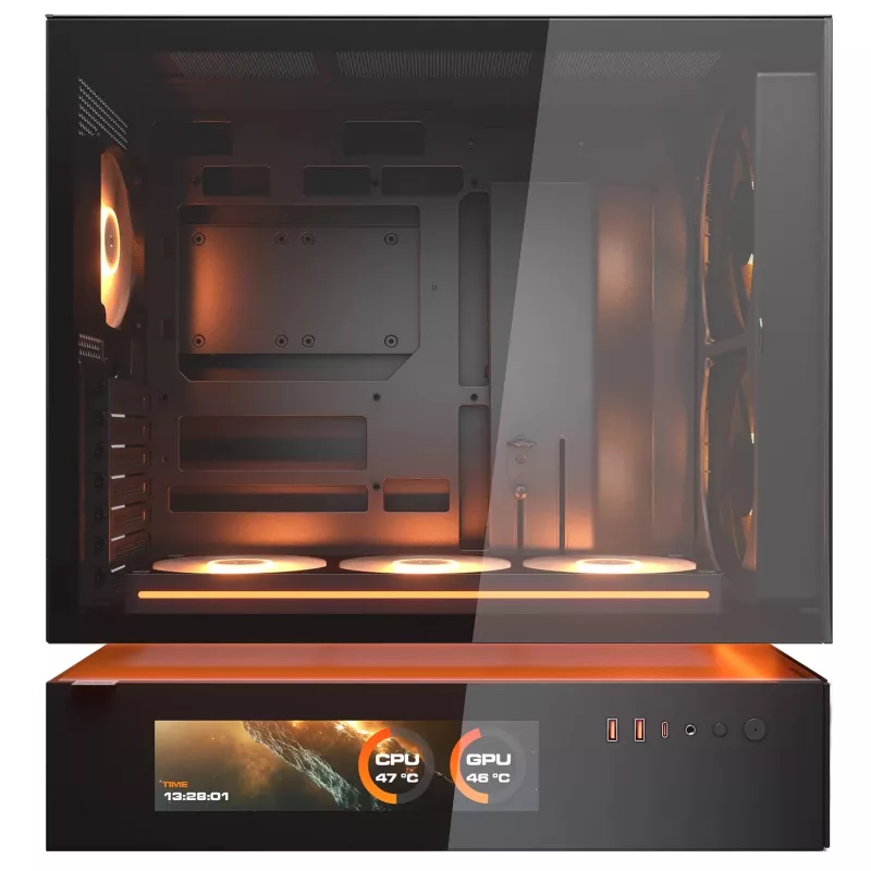 COUGAR CFV235 Vision PC korpuss Midi Tower — ARGB, 23.3 cm LCD 1920×462, Mesh, Priekšā 2×160 mm, Aizmugurē 1×120 mm, Melns