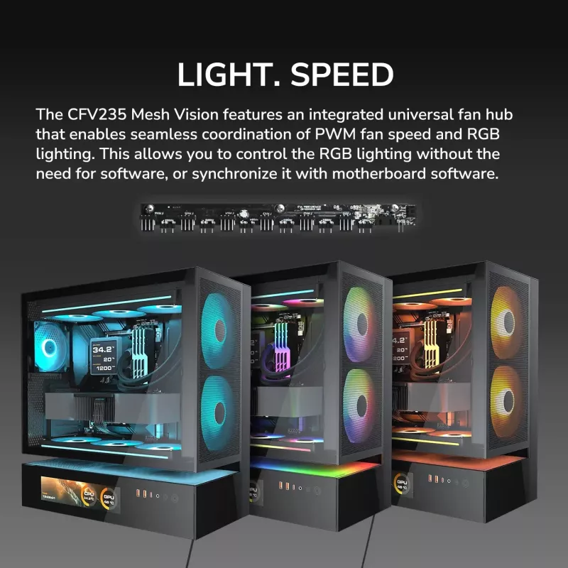 COUGAR CFV235 Vision PC korpuss Midi Tower — ARGB, 23.3 cm LCD 1920×462, Mesh, Priekšā 2×160 mm, Aizmugurē 1×120 mm, Melns
