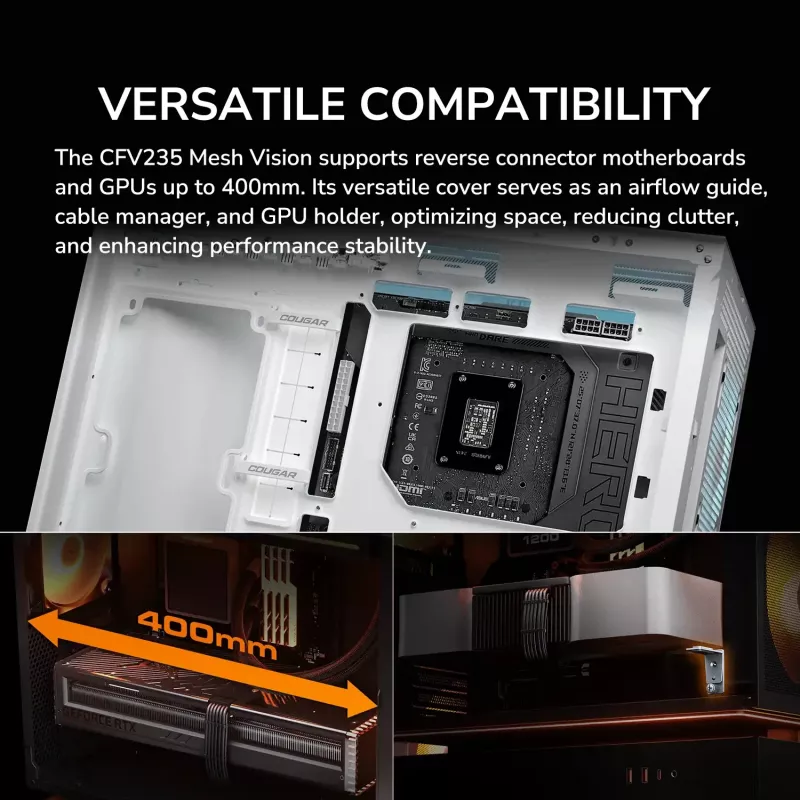 COUGAR CFV235 Vision PC korpuss Midi Tower — ARGB, 23.3 cm LCD 1920×462, Mesh, Priekšā 2×160 mm, Aizmugurē 1×120 mm, Melns