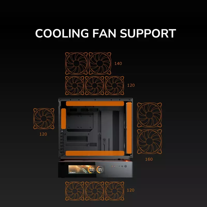 COUGAR CFV235 Vision PC korpuss Midi Tower — ARGB, 23.3 cm LCD 1920×462, Mesh, Priekšā 2×160 mm, Aizmugurē 1×120 mm, Melns