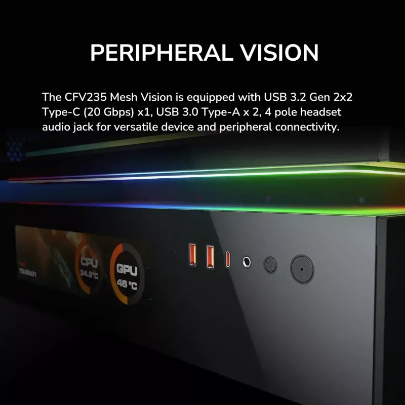COUGAR CFV235 Vision PC korpuss Midi Tower — ARGB, 23.3 cm LCD 1920×462, Mesh, Priekšā 2×160 mm, Aizmugurē 1×120 mm, Melns