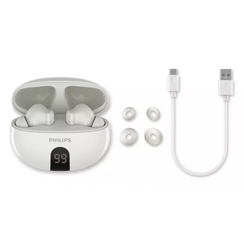 Bezvadu austiņas Philips TAT2520WT/00 — Bluetooth, trokšņu slāpēšana, balss zvaniem un mūzikai, 20–20000 Hz, 10 m darbības rādiuss, baltas, 40 g