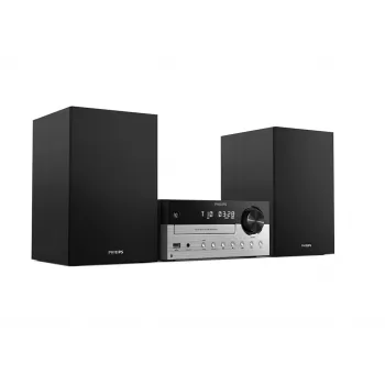 Mājas audio mikro sistēma Philips TAM4205M2/12 — 80 W RMS, 2-virzienu skaļruņi, Bluetooth, FM, LED displejs, disku paliktnis (Melns/Sudrabs)