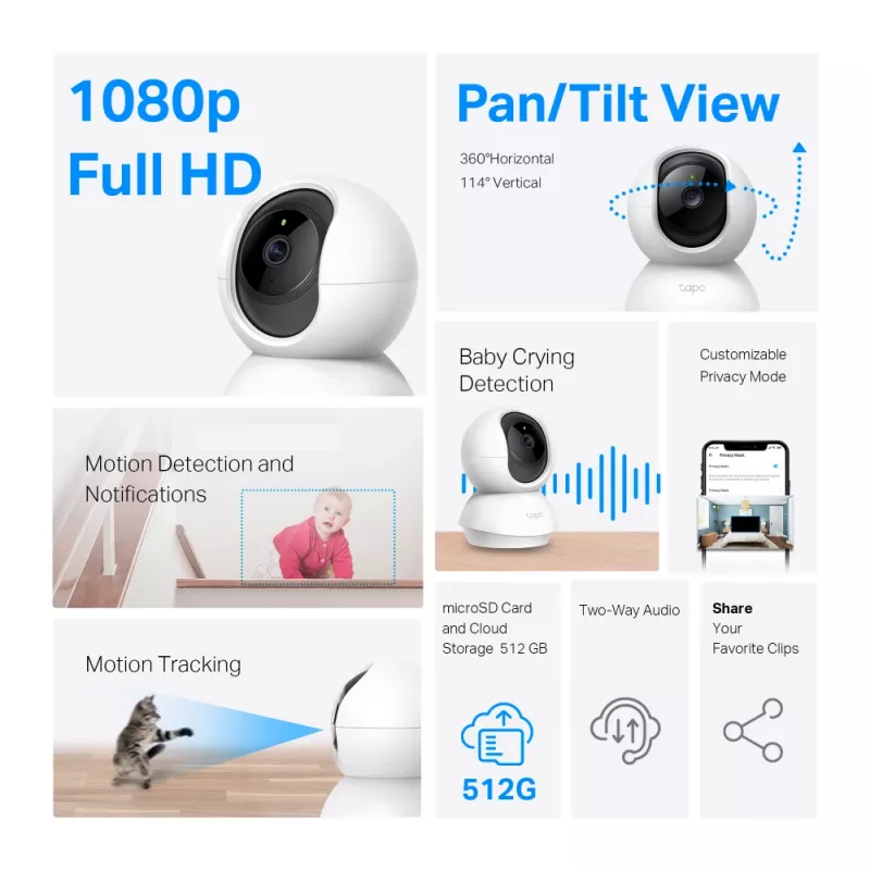 TP-Link Tapo Pan/Tilt mājas drošības Wi-Fi kamera, IP drošības kamera, Iekštelpām, Bezvadu, 2,4 GHz, Galds, Melna, Balta