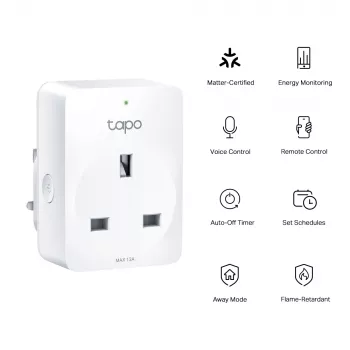 Viedā kontaktligzda TP-Link Tapo Mini P110M — Wi-Fi/Bluetooth iekštelpu viedā rozete, 16 A, 100–240 V, 3680 W, balta