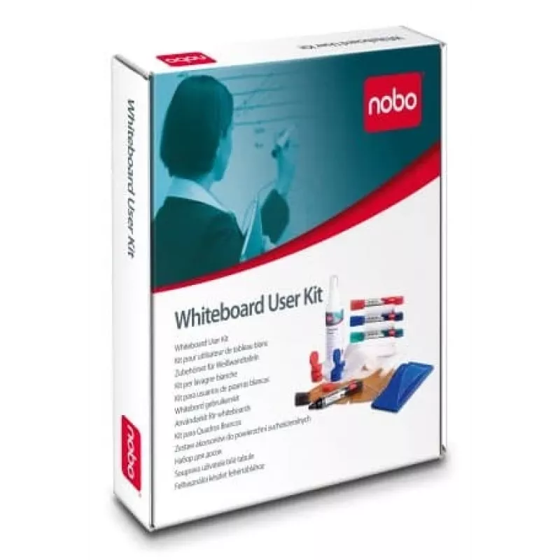 Nobo Whiteboard lietotāja komplekts, piederumu komplekts, daudzkrāsains, melns, zils, zaļš, sarkans, 610 g, kaste, tāfeles tīrīšanas drāna, tāfeles tīrīšanas aerosols, tāfeles dzēšgumija, tāfeles magnēts, tāfeles marķieris
