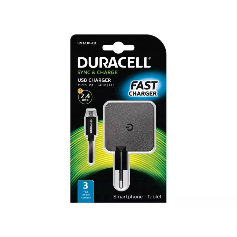 Duracell 2.4A sienas lādētājs telefonam/planšetei, iekštelpu, AC, 5 V, 2.4 A, melns