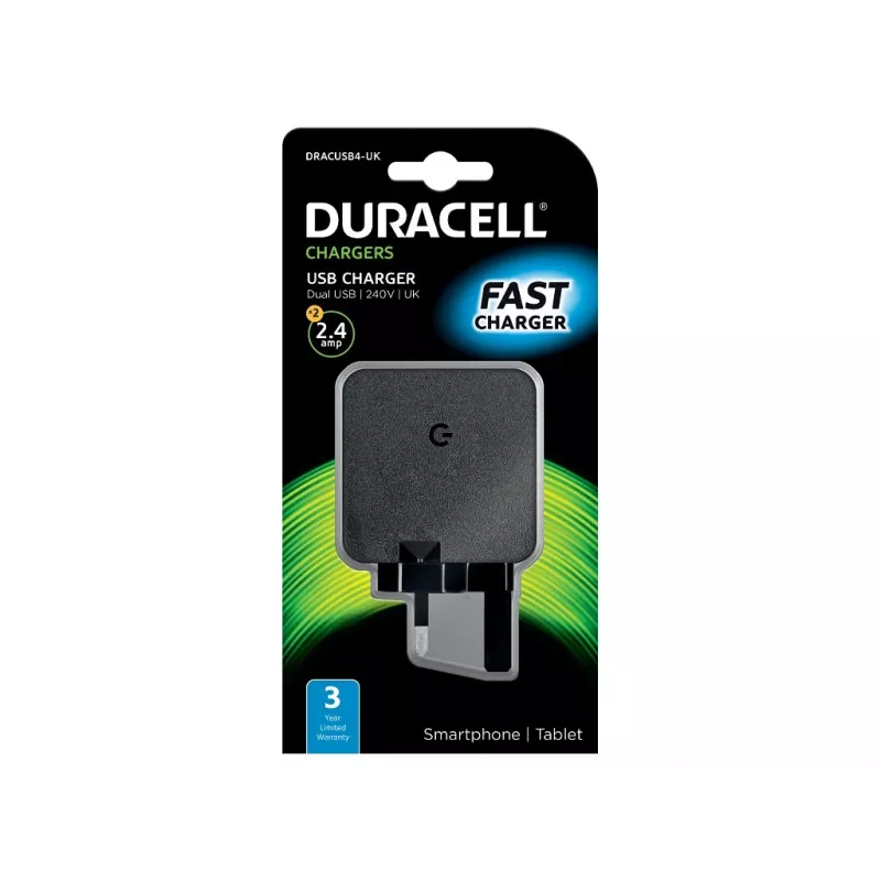 Duracell 2x2.4A USB lādētājs telefonam/planšetei, iekštelpu, AC, 5 V, melns