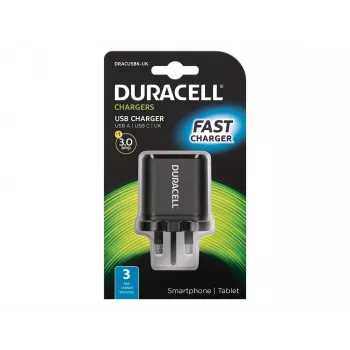 Duracell Type-C & Type-A sienas lādētājs, iekštelpām, maiņstrāva, melns