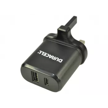 Duracell Type-C & Type-A sienas lādētājs, iekštelpām, maiņstrāva, melns