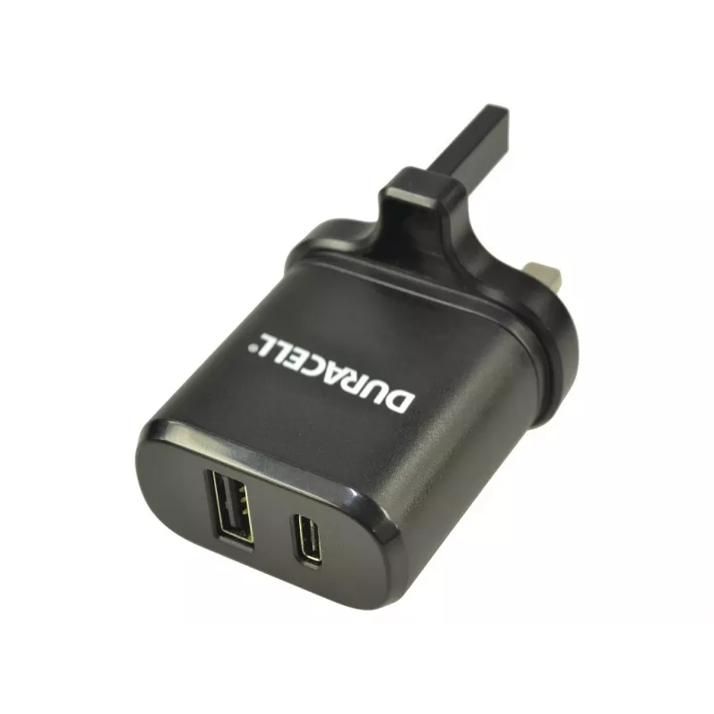 Duracell Type-C & Type-A sienas lādētājs, iekštelpām, maiņstrāva, melns