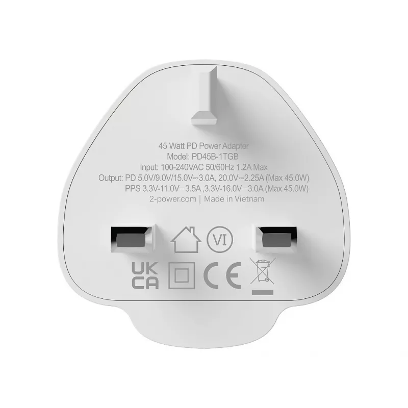 2-Power 2PWC45W01G-UK sienas lādētājs, 45 W, GaN, USB-C