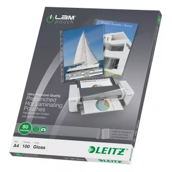Leitz iLAM iepriekš perforētas A4 laminēšanas kabatas, 80 mikroni, 100 gab. iepakojumā