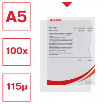 Esselte Premium A5 mape projektiem, caurspīdīga, portreta formātā, 40 lapām