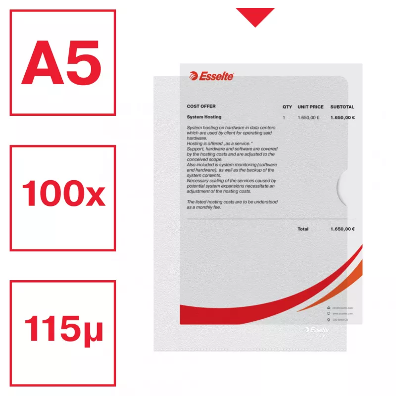 Esselte Premium A5 mape projektiem, caurspīdīga, portreta formātā, 40 lapām