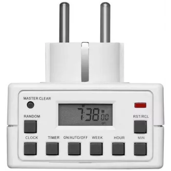 Viedā kontaktligzda MicroConnect GRUTIMER3 — iekštelpu taimera kontaktligzda ar LCD, 110×81×78 mm, balta