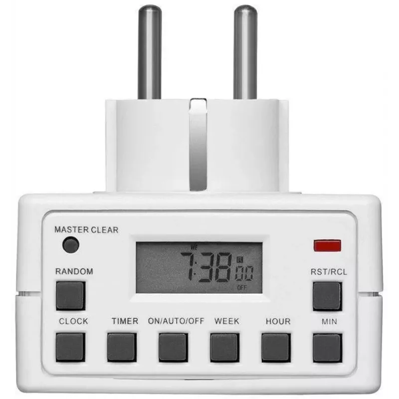 Viedā kontaktligzda MicroConnect GRUTIMER3 — iekštelpu taimera kontaktligzda ar LCD, 110×81×78 mm, balta