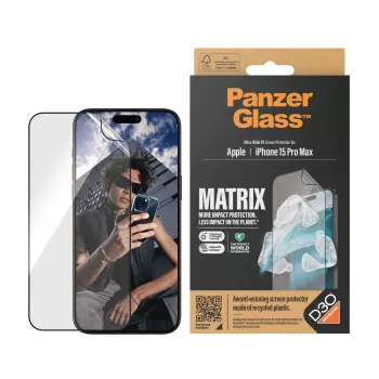 PanzerGlass® ECO MATRIX ekrāna aizsargs ar D3O® iPhone 15 Pro Max | Ultra-Wide Fit ar AlignerKit