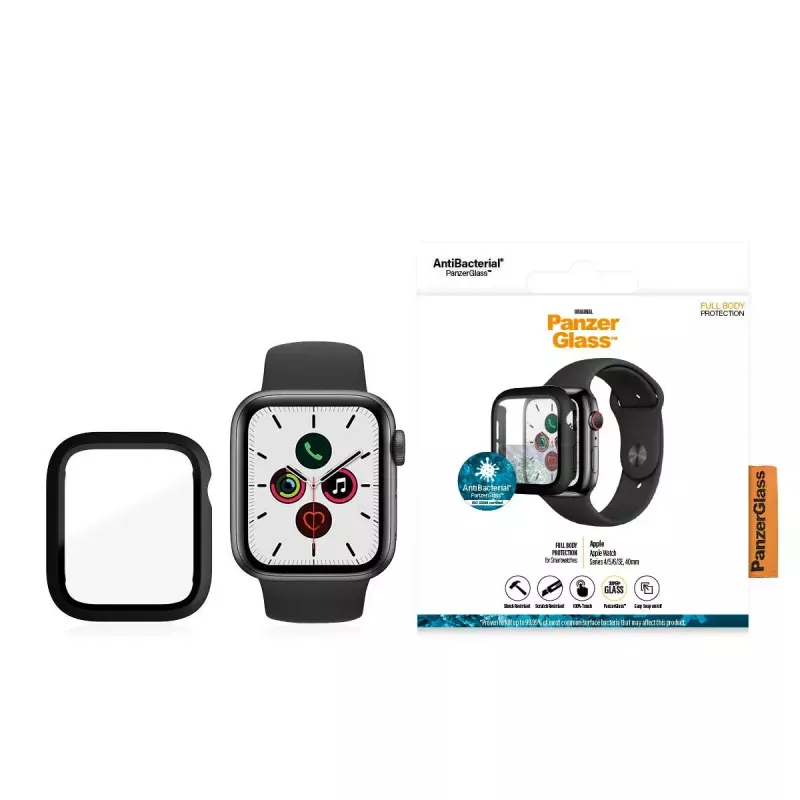 Aizsargstikls PanzerGlass Full Body Apple Watch Series 4/5/6/SE 40mm — Melns, 29.8×35.1×0.43 mm