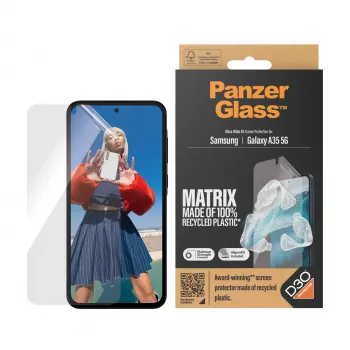 Aizsargstikls PanzerGlass MATRIX ar D3O Samsung Galaxy A35 5G — īpaši plats PET, sausā montāža, 1 gab., caurspīdīgs