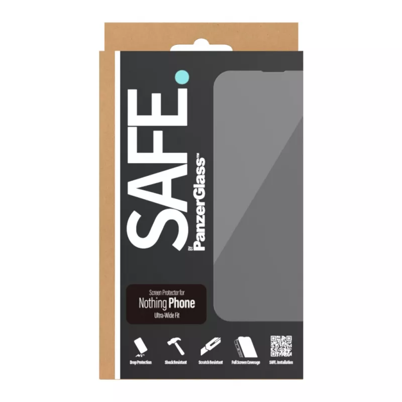 Ekrāna aizsargs PanzerGlass SAFE. Nothing Phone — Ultra-Wide Fit, rūdīts stikls + PET, izturīgs pret skrāpējumiem un triecieniem, sausā uzklāšana