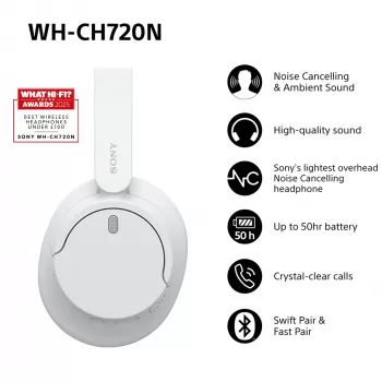 Sony WH-CH720 Bezvadu un vadu austiņas ar mikrofonu, balss/ mūzika, USB Type-C, Bluetooth, balta