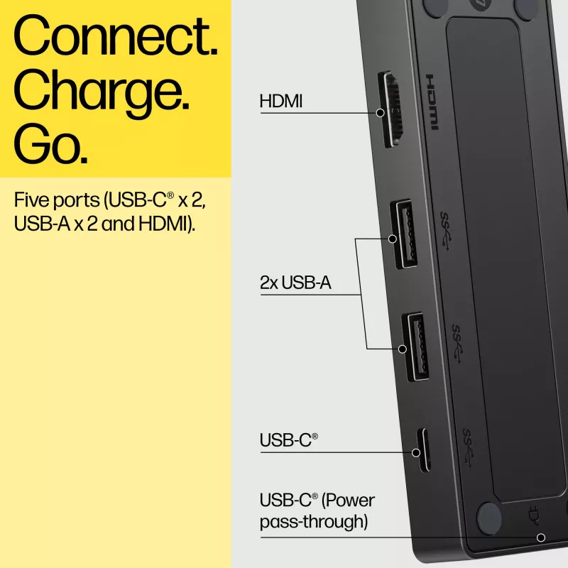 HP USB-C Travel Hub G3 — USB 3.2 Gen 2, HDMI, USB-A, PD līdz 65 W, 116×41.9×14.5 mm