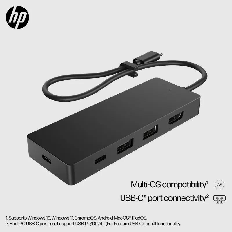 HP USB-C Travel Hub G3 — USB 3.2 Gen 2, HDMI, USB-A, PD līdz 65 W, 116×41.9×14.5 mm