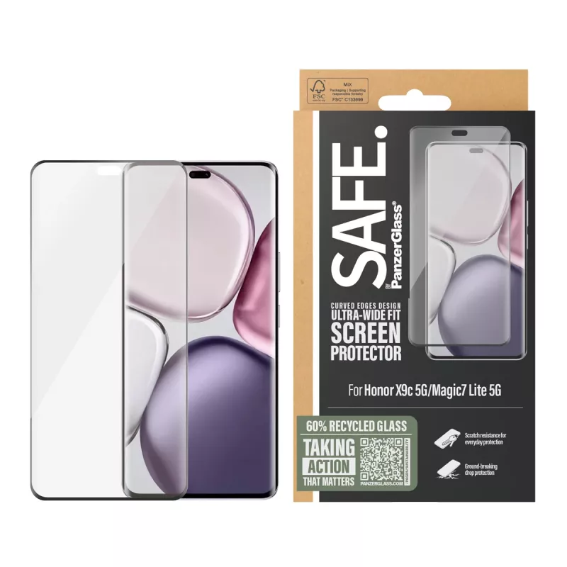 PanzerGlass SAFE. Ekrāna aizsargs ar melnu rāmi Honor X9c 5G | Magic7 Lite 5G | Ultra-Wide Fit