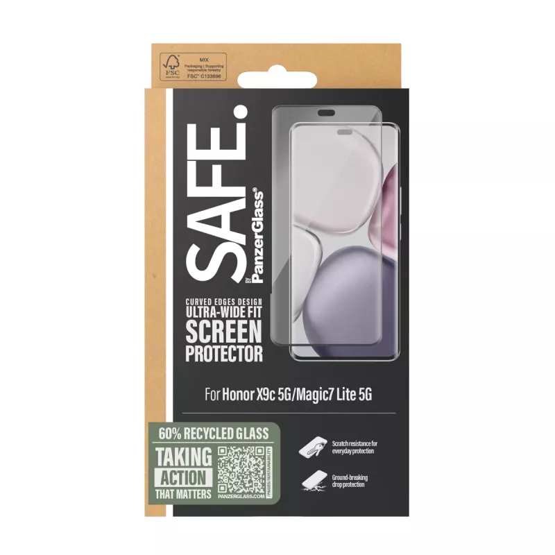 PanzerGlass SAFE. Ekrāna aizsargs ar melnu rāmi Honor X9c 5G | Magic7 Lite 5G | Ultra-Wide Fit