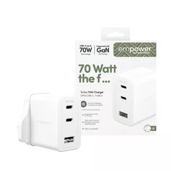 PanzerGlass empower™ by ® Turbo 70W daudzportu lādētājs ar 2 x USB-C + USB-A | UK spraudnis | Sudrabbalts