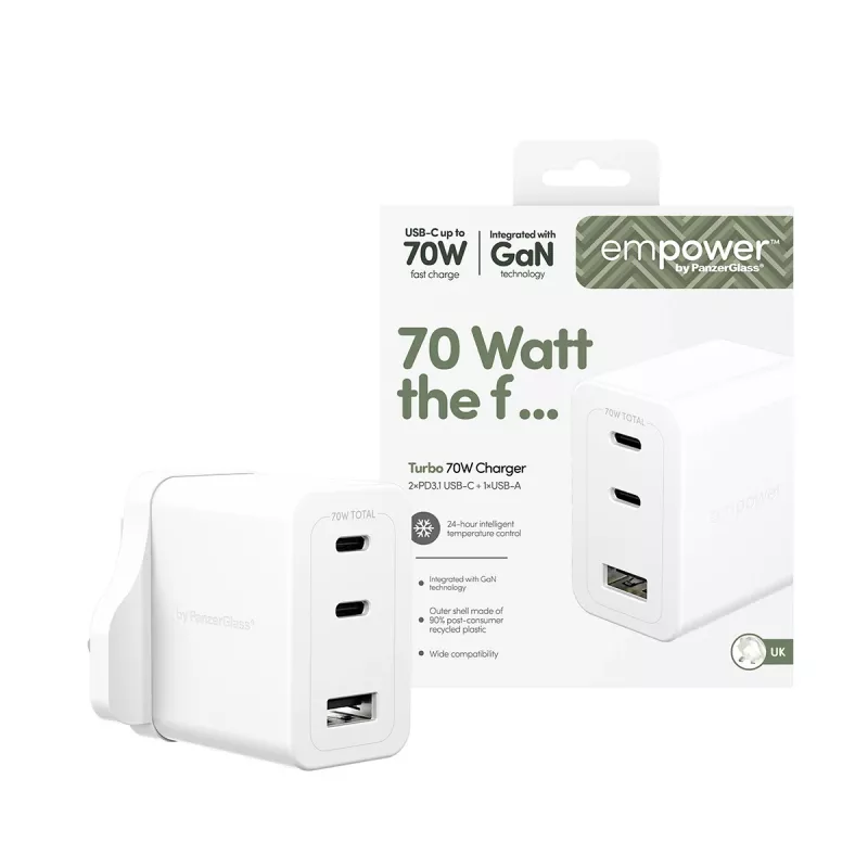 PanzerGlass empower™ by ® Turbo 70W daudzportu lādētājs ar 2 x USB-C + USB-A | UK spraudnis | Sudrabbalts