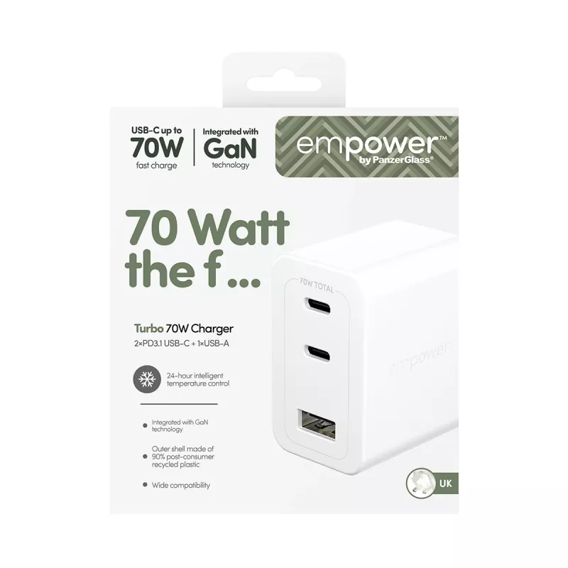 PanzerGlass empower™ by ® Turbo 70W daudzportu lādētājs ar 2 x USB-C + USB-A | UK spraudnis | Sudrabbalts