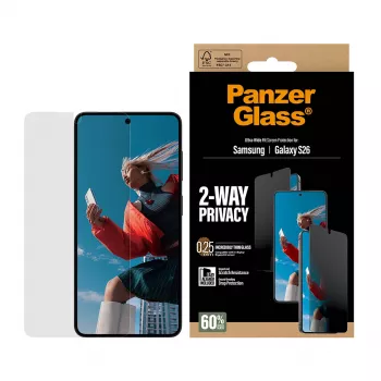 PanzerGlass 2-Way Privacy ekrāna aizsargs Samsung Galaxy S26 — Ultra-Wide Fit, PET + Silikons, Izturīgs pret skrāpējumiem un triecieniem