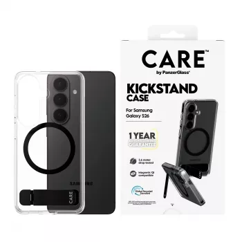 Aizsargmaciņš PanzerGlass CARE™ Urban Explorer Case Samsung Galaxy S26, caurspīdīgs ar melnu statīvu un Qi atbalstu